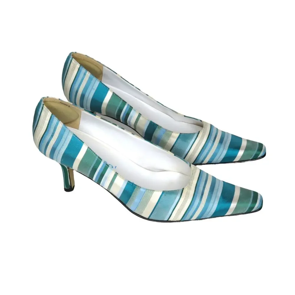 J. Renee 1980s Vintage Heels Satin Blue Striped Vintage Pumps Size 9 Retro - Picture 1 of 6